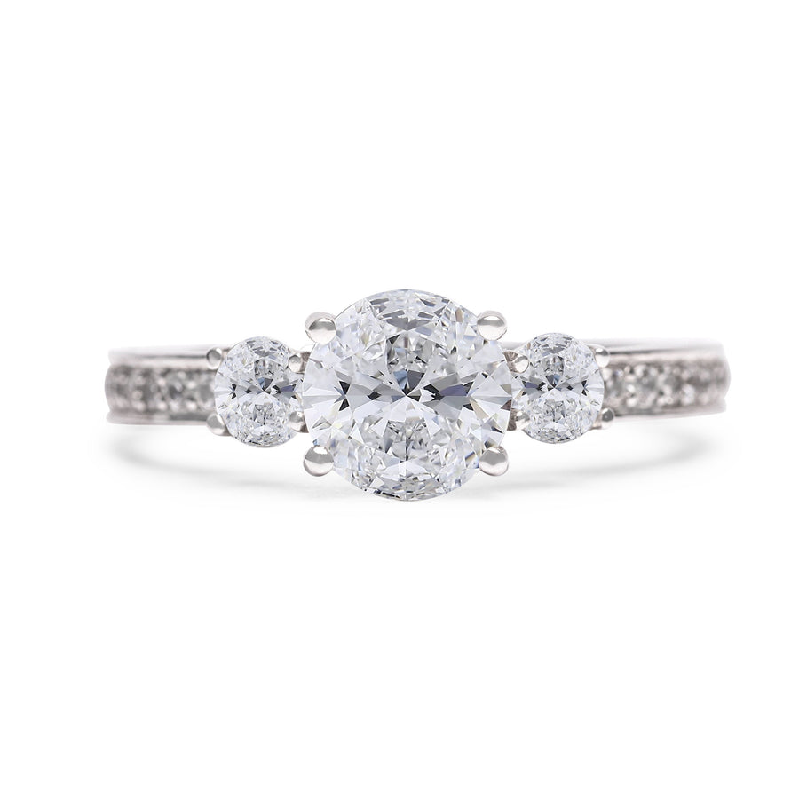 Round Diamond Trilogy With Diamond Shoulders Engagement Ring