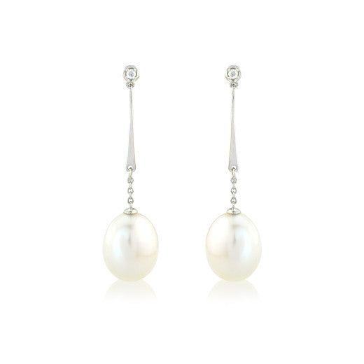 9ct White Gold Diamond & Pearl Drop Earrings