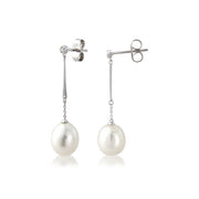 9ct White Gold Diamond & Pearl Drop Earrings