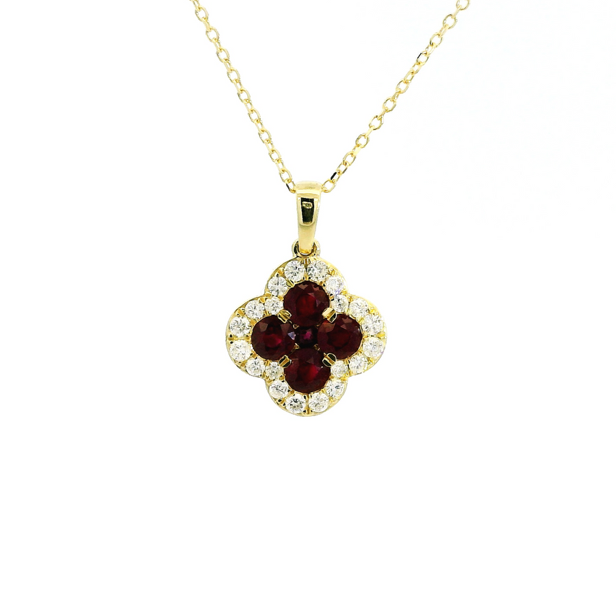 18ct Yellow Gold Ruby & Diamond Clover Pendant