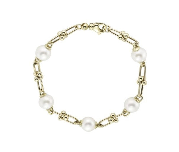 9ct Yellow Gold Chunky Pearl and Link Bracelet.