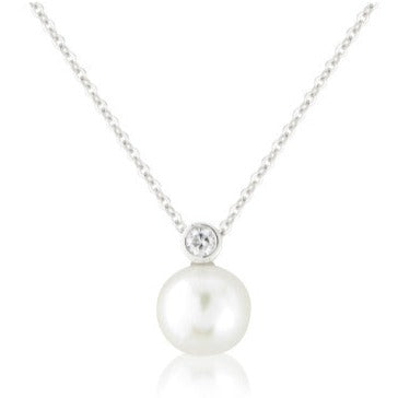 9ct White Gold Round Pearl & Diamond Pendant Necklace