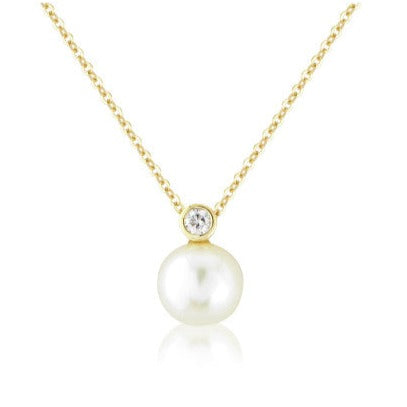 9ct White Gold Round Pearl & Diamond Pendant Necklace