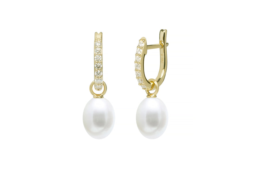 Natural Diamond Huggie Earrings with Teardrop Pearl Drops in 9ct Yellow Gold