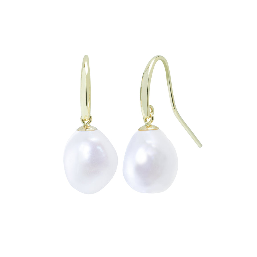White Baroque Freshwater Pearl Drop Earrings in 9ct Yellow Gold