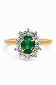 18ct Yellow Gold & Platinum, Emerald & Diamond Halo Engagement ring.
