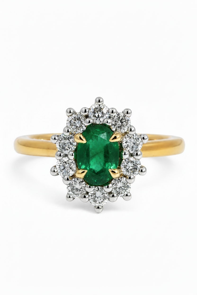 18ct Yellow Gold & Platinum, Emerald & Diamond Halo Engagement ring.