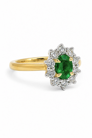 18ct Yellow Gold & Platinum, Emerald & Diamond Halo Engagement ring.