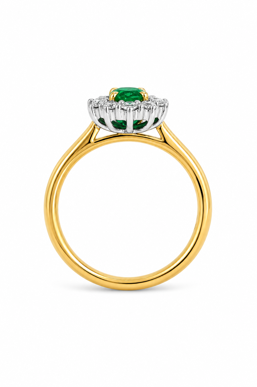 18ct Yellow Gold & Platinum, Emerald & Diamond Halo Engagement ring.