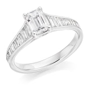 Emerald Cut Diamond Solitaire diamond set shoulders.