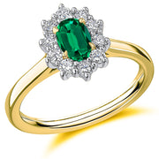 18ct Yellow Gold & Platinum, Emerald & Diamond Halo Engagement ring.