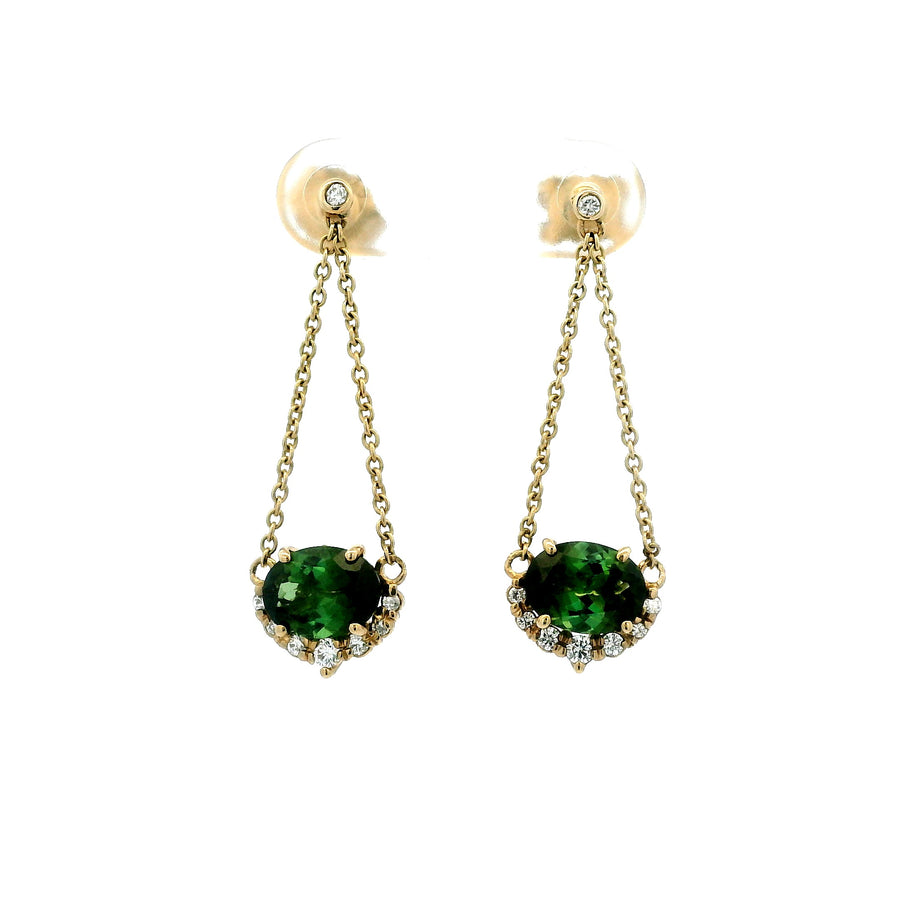 9ct Yellow Gold Green Tourmaline And Diamond Drop Earrings