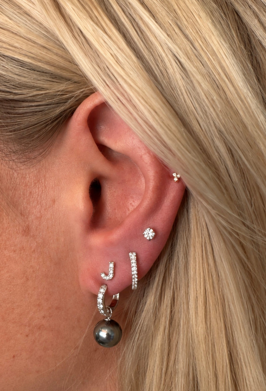 Natural Diamond Huggie Earrings with Tahitian Pearl Drops in 9ct White Gold
