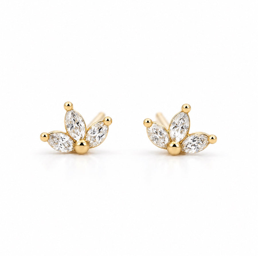 18ct Yellow Gold Natural Diamond Tiny Lotus Flower Earrings