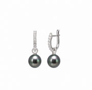 Natural Diamond Huggie Earrings with Tahitian Pearl Drops in 9ct White Gold