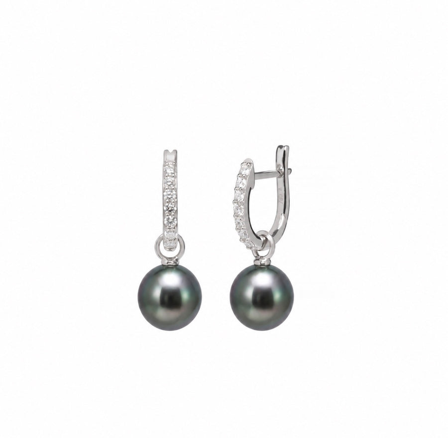 Natural Diamond Huggie Earrings with Tahitian Pearl Drops in 9ct White Gold
