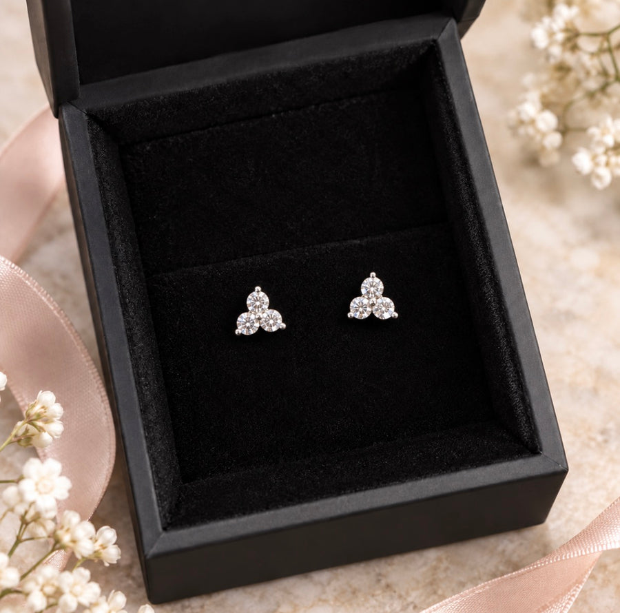 9ct White Gold, Diamond Tiny Trilogy Stud Earrings