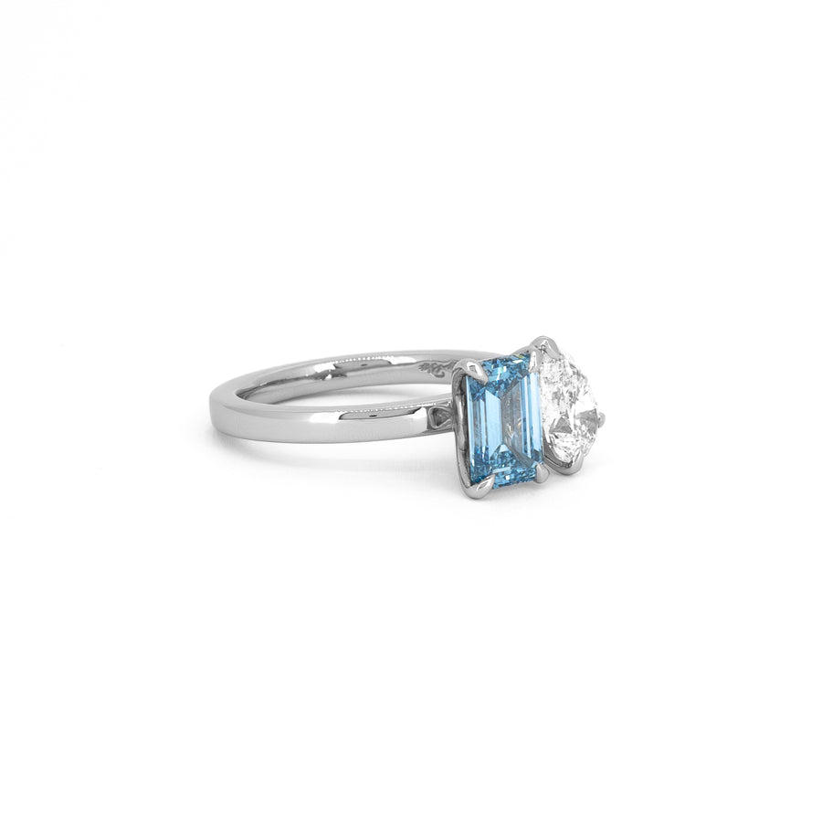 Platinum Blue Emerald Cut & Pear Cut 'Toi Et Moi' Ring