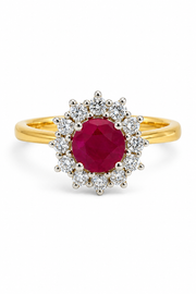18ct Yellow Gold Ruby & Diamond Halo Cluster Ring