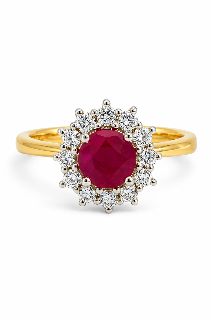 18ct Yellow Gold Ruby & Diamond Halo Cluster Ring