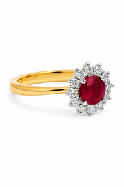 18ct Yellow Gold Ruby & Diamond Halo Cluster Ring