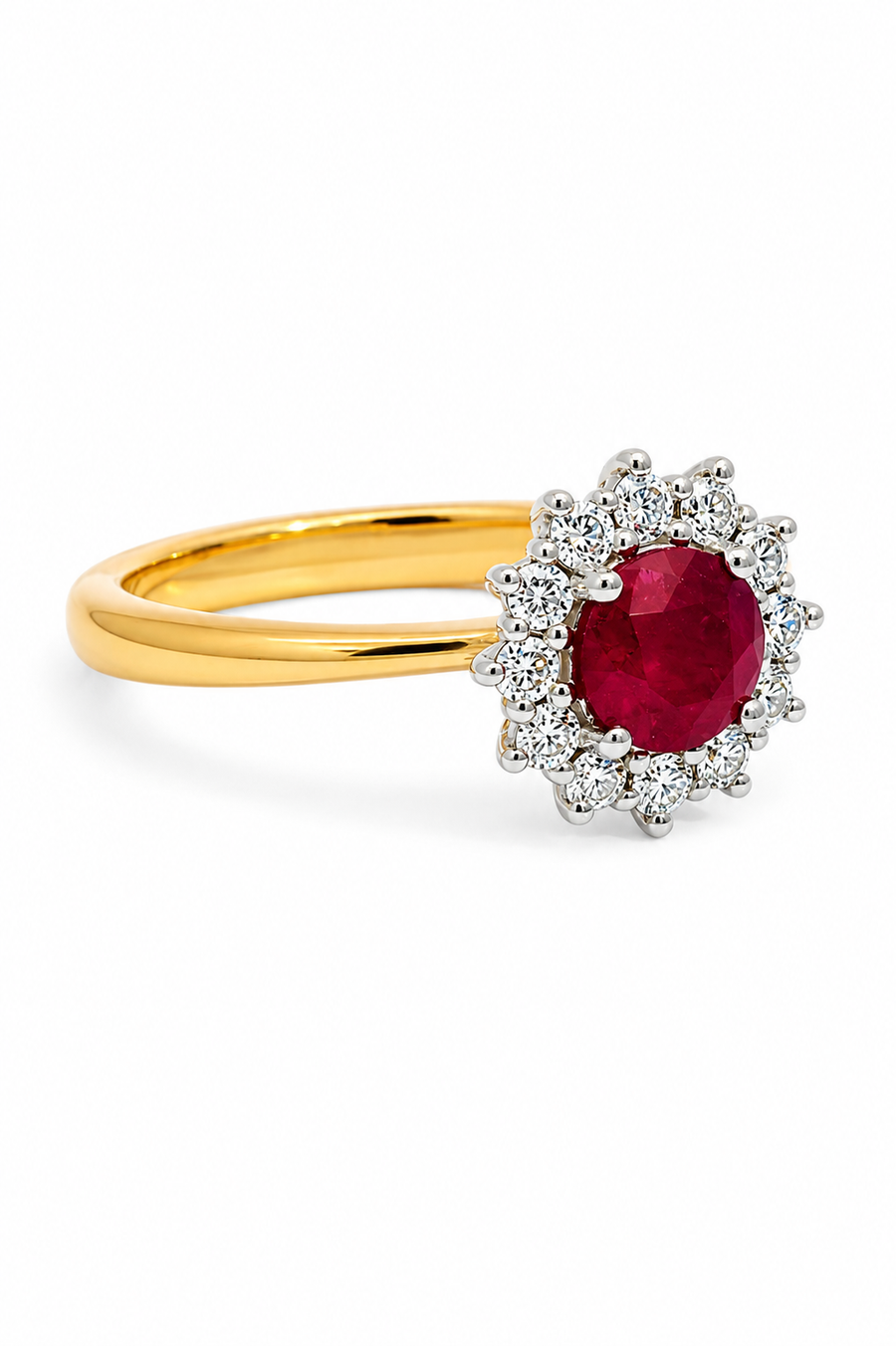 18ct Yellow Gold Ruby & Diamond Halo Cluster Ring