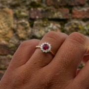 18ct Yellow Gold Ruby & Diamond Halo Cluster Ring