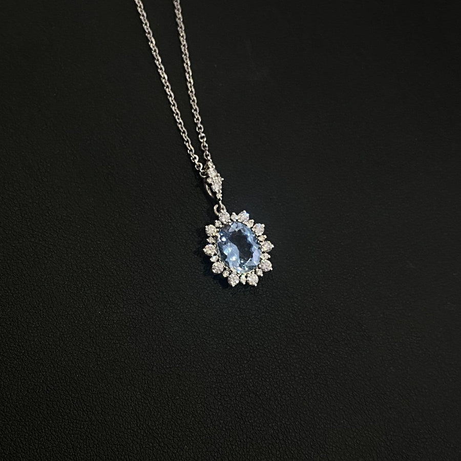 18ct White Gold Oval Aquamarine And Diamond Pendant