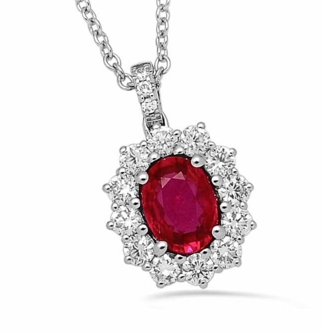 18ct White Gold, Ruby And Diamond Cluster Halo Pendant Necklace