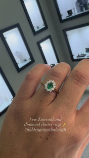 18ct Yellow Gold & Platinum, Emerald & Diamond Halo Engagement ring.