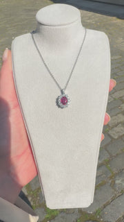 18ct White Gold, Ruby And Diamond Cluster Halo Pendant Necklace