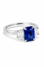 Platinum Sapphire and Trapezoid Diamond Trilogy Ring