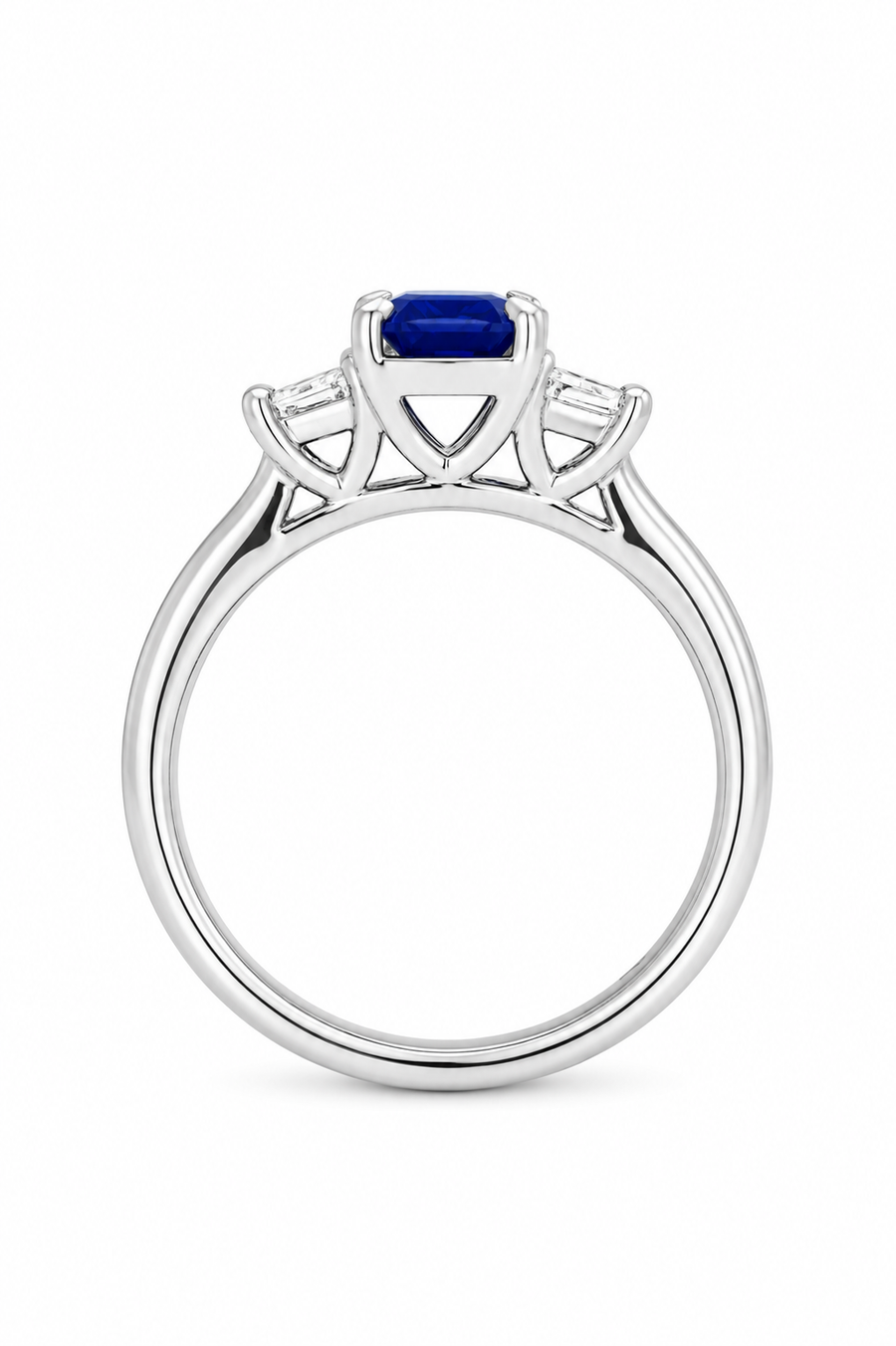 Platinum Sapphire and Trapezoid Diamond Trilogy Ring