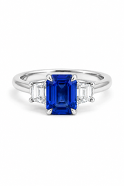 Platinum Sapphire and Trapezoid Diamond Trilogy Ring