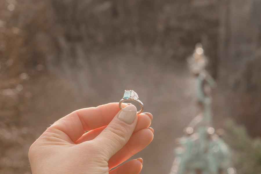 Platinum Blue Emerald Cut & Pear Cut 'Toi Et Moi' Ring