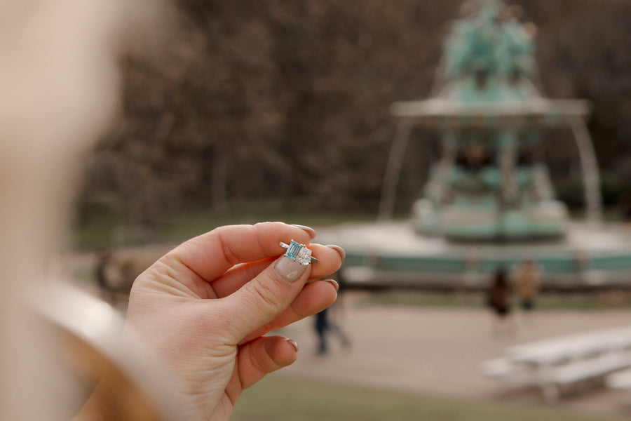 Platinum Blue Emerald Cut & Pear Cut 'Toi Et Moi' Ring